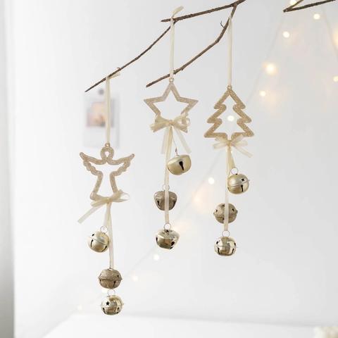 Adorno de Campana de Navidad Oro Champaña con Brillo Forma Ángel Estrella Árbol Con Lazo de Satén Para Árbol de Navidad Fiesta