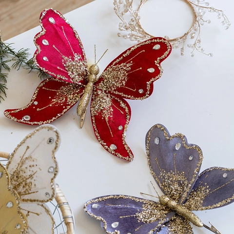 Butterfly Christmas Tree Ornament Fabric Glitter Sequin Butterfly Ornament With Metal Clip For Xmas Party Wedding Decor