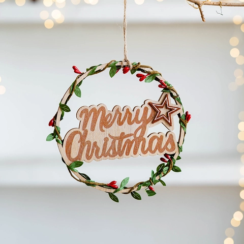 Ghirlanda di Natale in Legno da Appendere alla Porta con Foglie Verdi Artificiali Bacche Rosse Merry Christmas Welcome Targa Lettere Decorazione