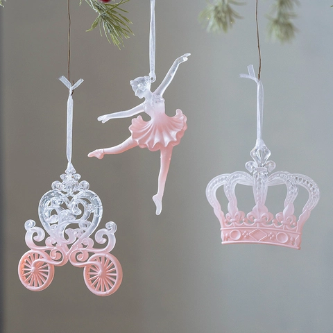 Pink Gradient Transparent Christmas Tree Hanging Ornaments Plastic Snowflake Crown Pumpkin Carriage Girl JOY Letters Decoration