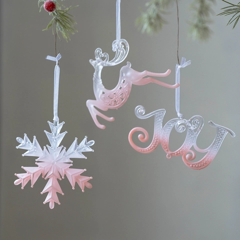Pink Gradient Transparent Christmas Tree Hanging Ornaments Plastic Snowflake Crown Pumpkin Carriage Girl JOY Letters Decoration