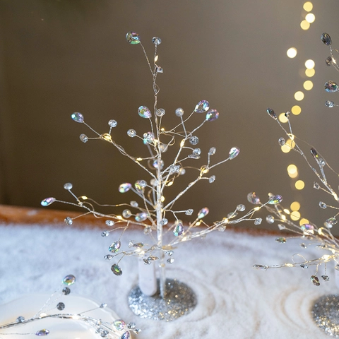 LED Ghirlanda Albero di Natale Argento Con Perline di Cristallo Acrilico Iridescente Decorazione da Tavolo per Casa Festa
