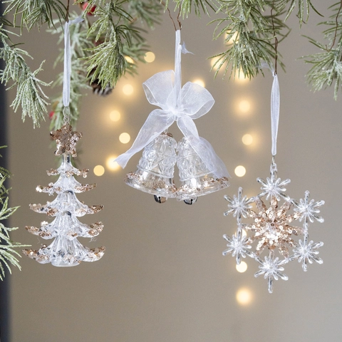 Ornements de Noël en Acrylique Transparent Paillettes Brillantes Pendentifs Suspendus Flocon de Neige Renne Décoration de Sapin Pour Fête