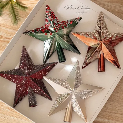 Vintage Star Christmas Tree Topper Electroplated Five-Pointed Star Ornament With Glitter Sequins For Holiday Home Decor