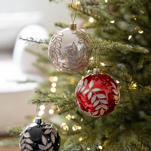 Plastic Christmas Ball Ornaments With Painted Willow Leaf Pattern Glitter Hanging Baubles For Xmas Tree Holiday Home Party Decor