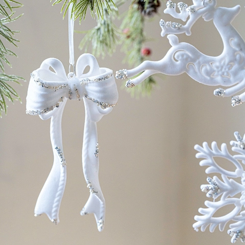 Adornos Colgantes de Navidad Flocados Blancos Con Purpurina Plateada Copo de Nieve Reno Alas de Ángel Torre Eiffel Decoraciones de Árbol de Navidad