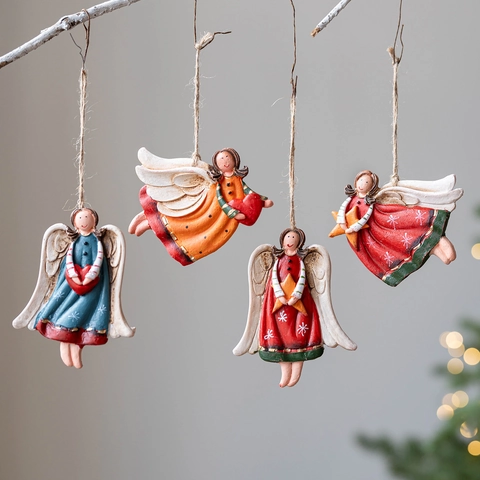 Angioletti Natalizi Appesi Ornamenti Vintage in Resina Ragazza Angelo Figurine Con Corda di Canapa Per Albero di Natale Decor Casa