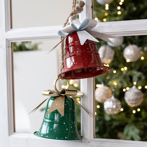 Vintage Iron Christmas Bell Ornament With Snowflake Pattern Bowknot Hemp Rope For Holiday Party Home Hanging Decoration