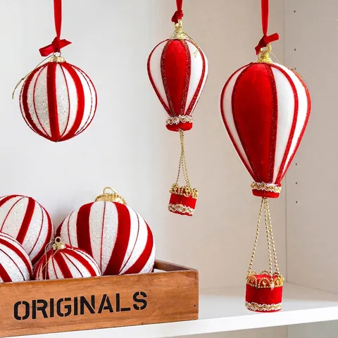 Addobbi Natalizi a Righe Bianche E Rosse in Schiuma E Velluto Palline E Mongolfiere Decorazioni Sospese per Albero di Natale E Casa