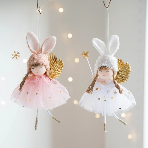 Cute Christmas Angel Girl Doll Rabbit Ears Golden Wings Star Wand Hanging Ornament For Holiday Tree Decoration Home Ornaments