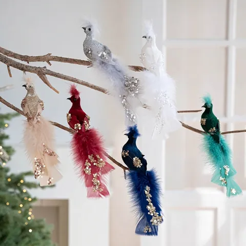 Decorazioni per Albero di Natale con Uccelli Artificiali Glitterati in Schiuma Piuma di Pavone con Clip per Feste Natalizie