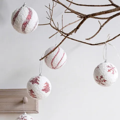 Rot Weiß Weihnachtskugeln Beflockt Glitzer Schneeflocke Baum Muster Festliche Hängende Dekokugeln Für Weihnachtsbaum