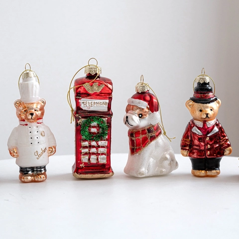 Set di Decorazioni Natalizie in Vetro Dipinto a Mano Orsetto Autobus di Londra Cabina Telefonica Babbo Natale Ciondoli per Albero di Natale