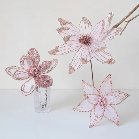 Rosa Weihnachten Künstliche Blumen Deko Mit Netz Pailletten Imitationsperlen Glitzer Für Weihnachtsbaum Hochzeit Party Home Deko