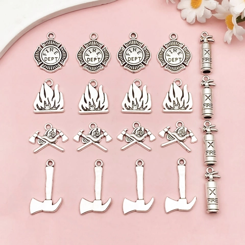 Firefighter Theme Alloy Pendants Antique Silver Fire Extinguisher Axe Badge Flame Charms DIY Jewelry Making Accessories