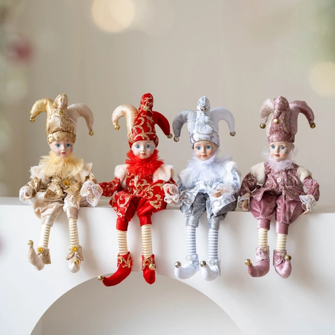 Bambola di Ceramica Vintage Jester Harlequin Ornamento di Natale Decorazione Desktop Con Campanelli Velluto Paillettes Regalo
