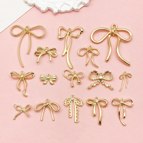 15Pcs Light Luxury KC Gold Plated Bowknot Pendants Set DIY Jewelry Making Accessories Alloy Bow Charms For Necklace Bracelet Handcraft Women
