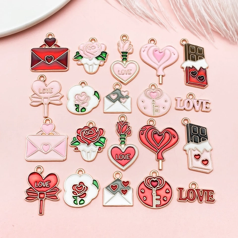 Valentine's Day Enamel Alloy Pendants Set Heart Rose Envelope LOVE Letter Charms For DIY Jewelry Making Necklace Accessory