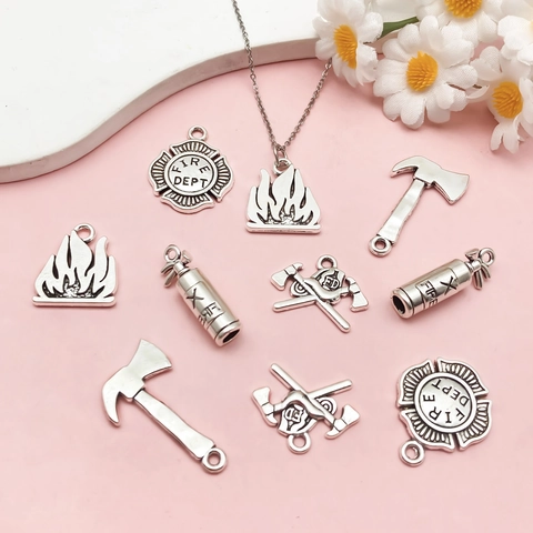 Firefighter Theme Alloy Pendants Antique Silver Fire Extinguisher Axe Badge Flame Charms DIY Jewelry Making Accessories