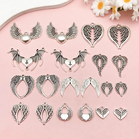 Punk Heart Wing Zinc Alloy Pendants Antique Silver Angel Bat Wings DIY Jewelry Making Accessories For Necklace Crafting