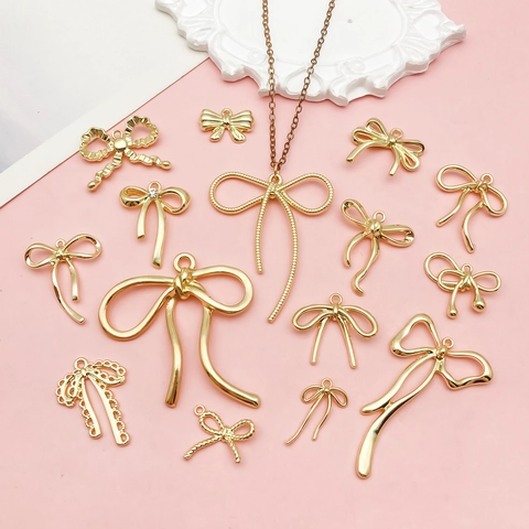 15Pcs Light Luxury KC Gold Plated Bowknot Pendants Set DIY Jewelry Making Accessories Alloy Bow Charms For Necklace Bracelet Handcraft Women