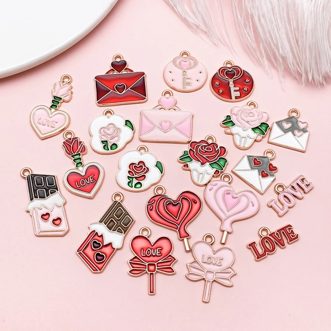 Valentine's Day Enamel Alloy Pendants Set Heart Rose Envelope LOVE Letter Charms For DIY Jewelry Making Necklace Accessory