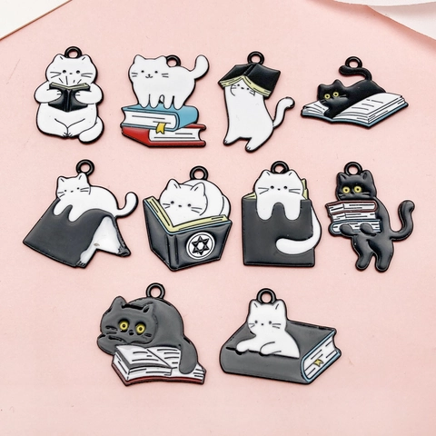 Cute Cartoon Cat Reading Book Enamel Alloy Charms For DIY Jewelry Making Black White Kitten Pendants For Necklace Bracelet Earring Handmade Craft Accessory