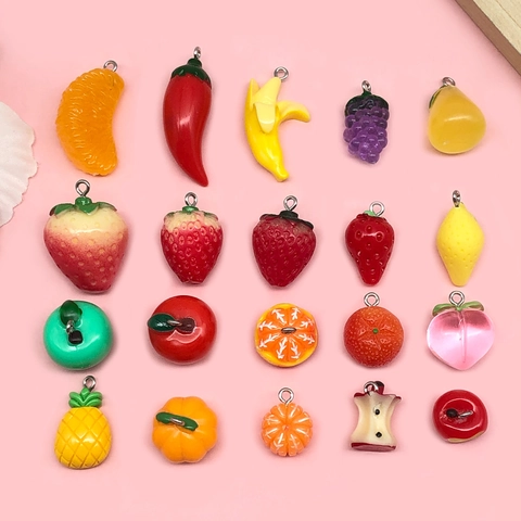 DIY Simulation Fruit Vegetable Resin Charms Alloy Drip Oil Pendants For Jewelry Making Keychain Bracelet Strawberry Apple Pineapple