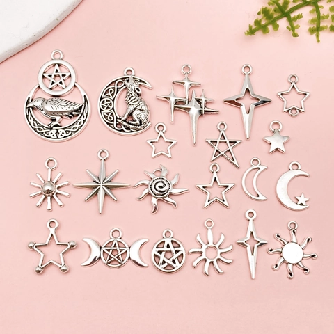 Vintage Antique Silver Zinc Alloy Celestial Charms Pendants Star Moon Sun Wolf Bird Design For DIY Jewelry Making Necklace Bracelet Accessories