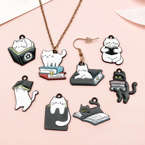 Cute Cartoon Cat Reading Book Enamel Alloy Charms For DIY Jewelry Making Black White Kitten Pendants For Necklace Bracelet Earring Handmade Craft Accessory