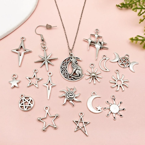 Vintage Antique Silver Zinc Alloy Celestial Charms Pendants Star Moon Sun Wolf Bird Design For DIY Jewelry Making Necklace Bracelet Accessories