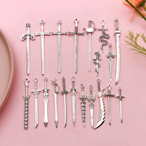 Vintage Zinc Alloy Sword Dagger Pendants For DIY Jewelry Making Antique Silver Color Punk Gothic Accessory Charms