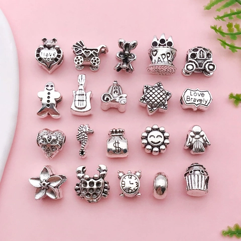 Vintage Antique Silver Zinc Alloy Large Hole Charms Set Heart Sunflower Pumpkin Carriage Birthday Cake Snowman DIY Jewelry Making Beads For Bracelets