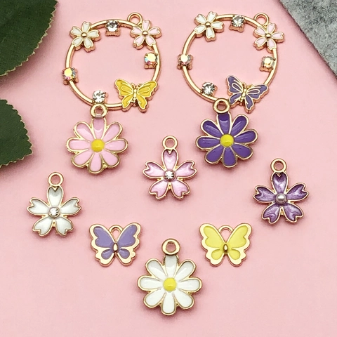 Enamel Butterfly Daisy Cherry Blossom Flower Charms Alloy Rhinestone Artificial Pearl Pendants For DIY Jewelry Making Accessories
