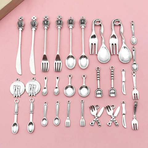 Vintage Silver Zinc Alloy Mini Tableware Pendants DIY Jewelry Making Supplies Small Knife Fork Spoon Charms For Keychains