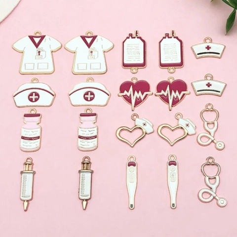 Medical Theme Enamel Alloy Pendants DIY Jewelry Charms Nurse Hat Syringe Stethoscope Thermometer For Keychain Necklace Making Kit