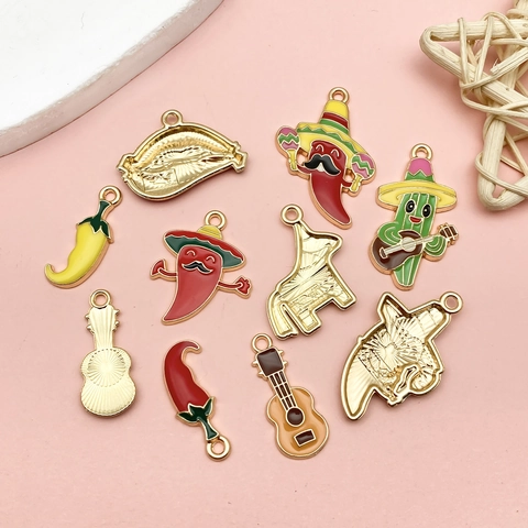 Μεξικάνικο Fiesta Σμάλτο Κράμα Σετ Charms Κάκτος Πιπεριά Τσίλι Κιθάρα Piñata Σχήμα DIY Κοσμήματα Μενταγιόν Για Μπρελόκ Βραχιόλι Κολιέ