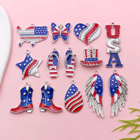 USA Flag Enamel Alloy Pendants Charms Patriotic Star USA Letter Heart Map Pendants For Independence Day DIY Jewelry Making