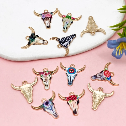 Bohemian Bull Skull Pendants Alloy Enamel Floral Pattern Charms For DIY Necklace Earrings Keychain Jewelry Making Accessory