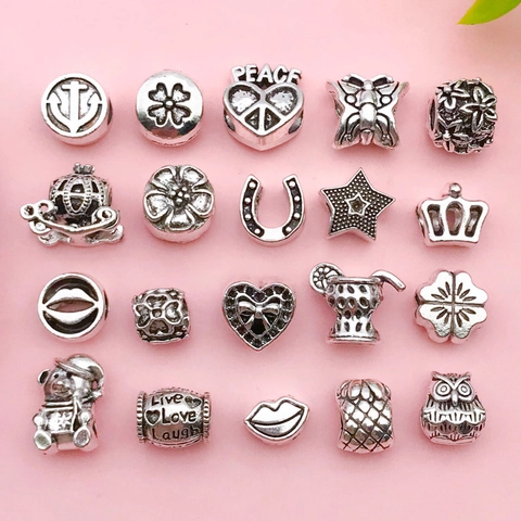 Vintage Zinc Alloy Large Hole Beads Heart Crown Star Charms Antique Silver DIY Jewelry Making Accessories For Bracelet Necklace For Women Girls