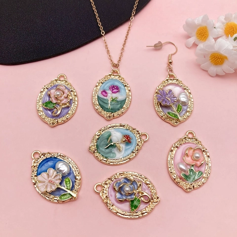 Vintage Enamel Flower Pendants Zinc Alloy Oil Drop Rose Daisy Heart Charms With Imitation Artificial Pearl For DIY Jewelry Making Necklaces Earrings Women
