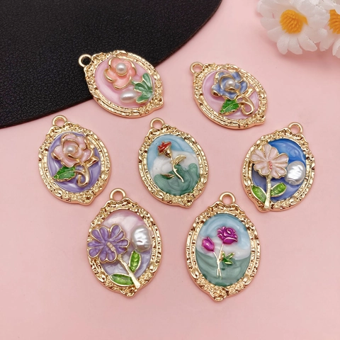 Vintage Enamel Flower Pendants Zinc Alloy Oil Drop Rose Daisy Heart Charms With Imitation Artificial Pearl For DIY Jewelry Making Necklaces Earrings Women