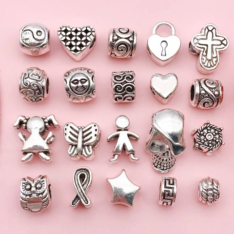 Perles à Gros Trous en Alliage Argent Antique Charmes Formes Mixtes Cœur Crâne Étoile Croix Pour Fabrication Bijoux DIY