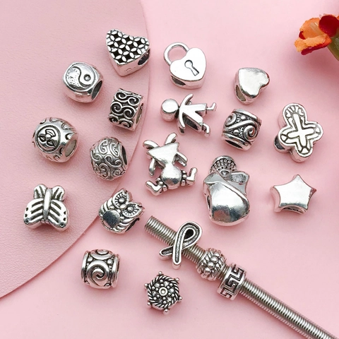 Perles à Gros Trous en Alliage Argent Antique Charmes Formes Mixtes Cœur Crâne Étoile Croix Pour Fabrication Bijoux DIY