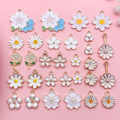 White Enamel Flower Charms Zinc Alloy Daisy Rose Sakura Pendants For DIY Necklace Bracelet Earring Jewelry Making Accessory
