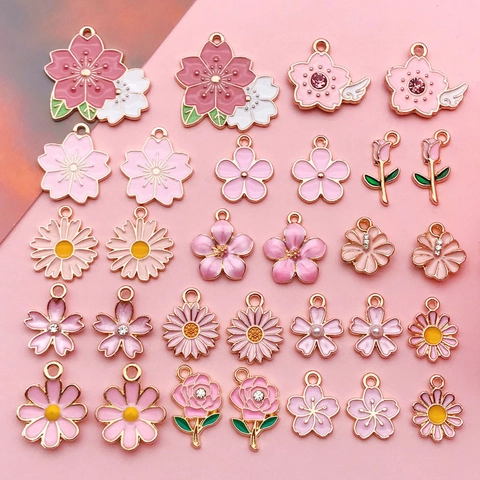 Mixed Flower Charms For Jewelry Making Enamel Zinc Alloy Sakura Daisy Rose Pendants For Necklace Bracelet Keychain Women Girl