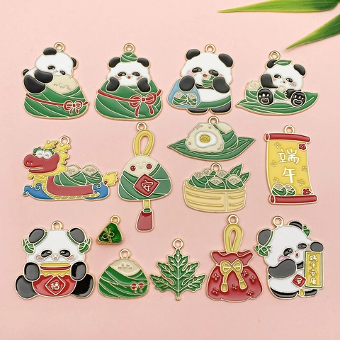Chinese Style Panda Zongzi Alloy Enamel Pendants DIY Jewelry Accessories Happy Dragon Boat Festival Enamel Charms For Necklace Bracelet Making