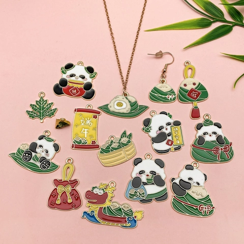 Chinese Style Panda Zongzi Alloy Enamel Pendants DIY Jewelry Accessories Happy Dragon Boat Festival Enamel Charms For Necklace Bracelet Making