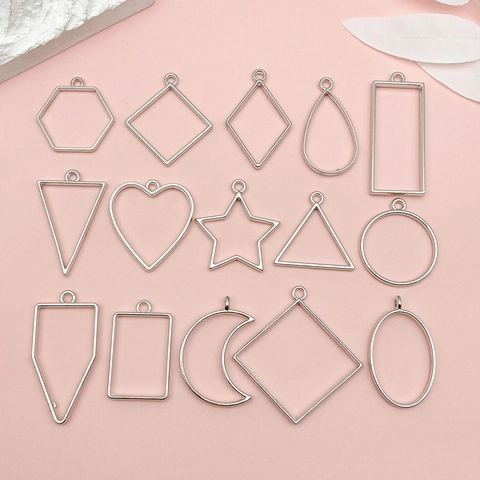 Alloy Geometric Open Bezel Pendants For DIY Resin Craft Jewelry Making Hollow Heart Star Moon Round Triangle Frame Pendants