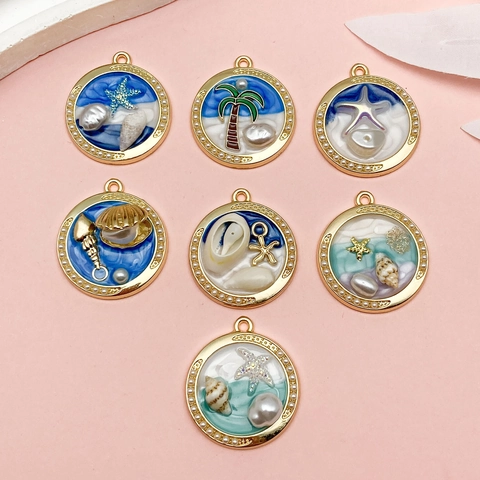 Ocean Theme Round Enamel Zinc Alloy Pendants With Artificial Pearl Summer Beach Sea Star Coconut Tree Shell Charms For DIY Jewelry Making